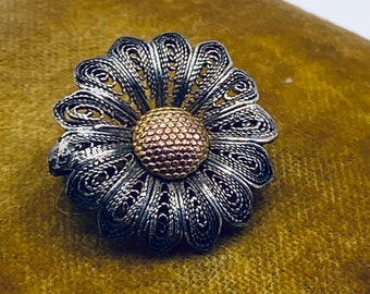 Victorian Filigree Flower Lace Pin / Antique Spun Silver Filigree and Gold Floral Brooch