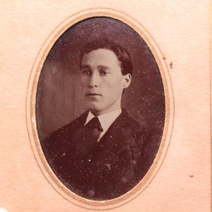 Antique Victorian Tintype Photograph of a Handsome Young Man in Decorative Paper Frame