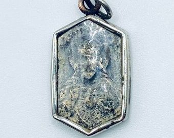 Antique Sacred Heart Scapular Medal, Glazed Religious Relic (circa 1910)