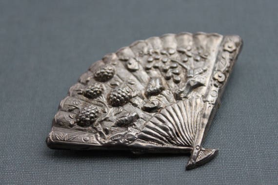 Large Victorian Fan Brooch / 19th century Asian Repousse Silver Fan Cloak Pin