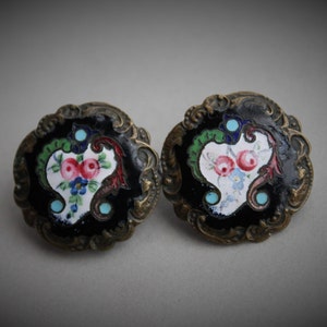 Antique French Champleve Enamel Double Witch&#39;s Heart Protection Mourning  Brooch