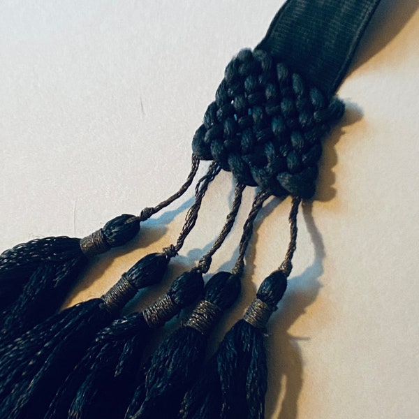 Large Victorian Mourning Five Strand Woven Tassel / Victorian Mourning Costume Applique / Antique Sewing