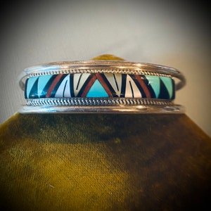 Vintage Zuni Inlaid Turquoise Sterling Cuff Bracelet Signed RL Yuselew