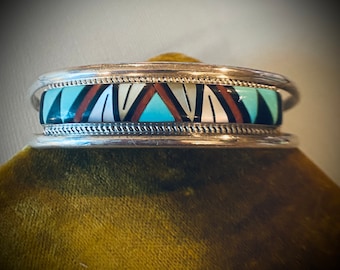 Vintage Zuni Inlaid Cuff Bracelet Signed RL Yuselew