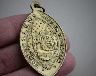 Antique Brass 1800s Basilica of Our Lady of Lourdes Large Double Pilgrimage Medal / Oostakker Basilica Healing Relic Medal