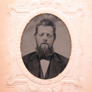Antique Victorian Tintype Photograph of a Handsome Bearded Man in Decorative Paper Frame