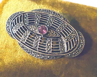 Large Edwardian Sterling Silver Amethyst and Marcasite Brooch