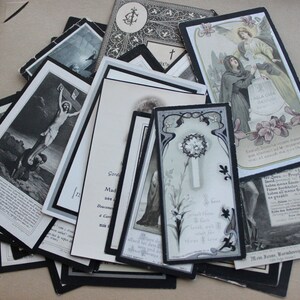 May include: A collection of vintage black and white religious cards with ornate borders and religious imagery. The cards feature images of Jesus on the cross, a praying woman, and a wreath of thorns. The text on the cards is in German.