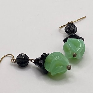 1920s Art Deco Art Glass Seafoam Green and Black Drop Earrings