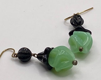 1920s Art Deco Art Glass Seafoam Green and Black Drop Earrings
