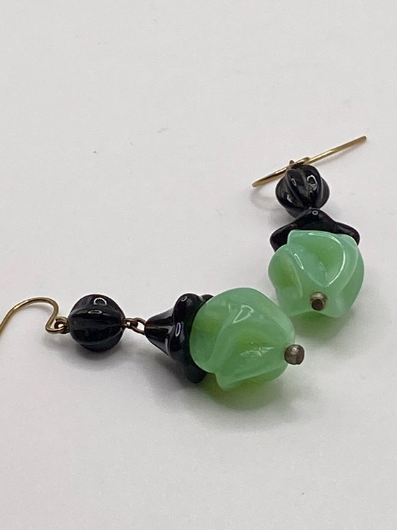 1920s Art Deco Art Glass Seafoam Green and Black Drop Earrings