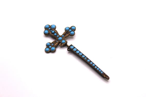 Antique French Turquoise Enamel Medieval Knight’s Sword Jabot Pin Brooch