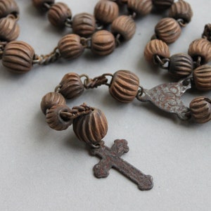 RARE Antique Saint Wilgefortis Antique French Rosary Chaplet / Bearded Lady / Crucified Saint / Victorian Carved Wood Melon Beads image 5