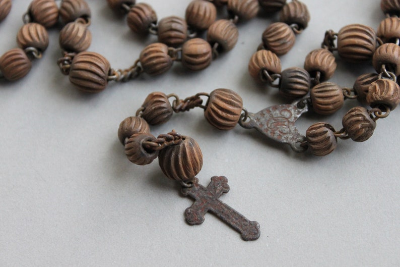 RARE Antique Saint Wilgefortis Antique French Rosary Chaplet / Bearded Lady / Crucified Saint / Victorian Carved Wood Melon Beads image 5