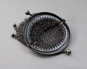 Tiny Antique French Gunmetal Mesh Chatelaine Coin Purse