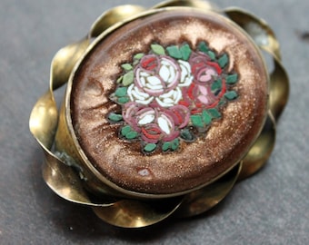 Grande broche victorienne Aventurine Goldstone Pietra Dura Micro Mosaic