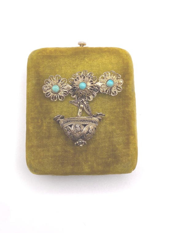 1920s Antique Chinese Gilt Silver Filigree Peking Turquoise Glass Basket Charm Brooch