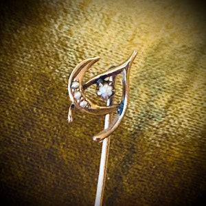 Victorian Seed Pearl Crescent Moon and Lucky Wishbone Honeymoon Stick Pin