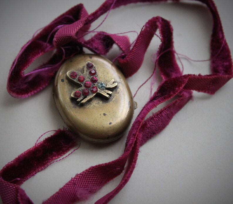 Rare Victorian Jeweled Butterfly Locket with Glass Door Inside Antique Garnet Paste Reliquary Locket