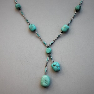 Art Deco Enamel and Turquoise Nugget Lariat Y Necklace / Ornate 12k White Gold Fill and Enamel Chain