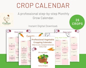 May include: A printable digital download of a professional vegetable cropping calendar with 26 crop types. The calendar includes a monthly breakdown of when to sow, transplant, and harvest each crop. The calendar is designed with a watercolor style and features a green background with a white border.