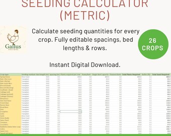 May include: A digital professional vegetable seeding calculator (metric) with a green and white design. The calculator helps calculate seeding quantities for 26 crops. The text includes "Instant Digital Download" and "Gallus Designs".
