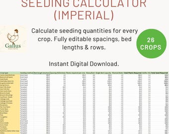 May include: A green and white chart titled "Professional Vegetable Seeding Calculator (Imperial)" with a rooster logo. The chart lists 26 different vegetable crops and provides information on seeding methods, bed length, spacing, plants required per row, rows per bed, single bed capacity, planned beds, total plants required, buffer, and total seed required.
