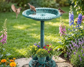Vintage Bird Bath with 4 Planters, Gray and Green Outdoor Garden Decor, Pedestal Birdbath, Garden Statue, Yard Art, 28Inch Tall, Patio Decor