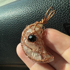 Flower Agate Moon Pendant: Copper Spider Web Necklace with Black Bead Spider