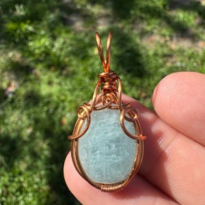 Aquamarine Copper Wire Wrapped Pendant: Handmade Boho Crystal Necklace