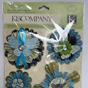 May include: A package of 7 blue and green dimensional paper stickers. The stickers feature flowers, butterflies, and birds. The package says "Grand Adhesions Dimensional Stickers" and "K&Company".