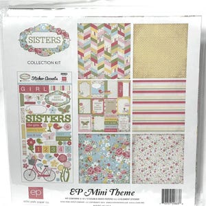 May include: A scrapbooking collection kit titled "Sisters" with patterned paper and sticker accents. The kit includes papers with floral, striped, and geometric designs, along with stickers featuring flowers, bicycles, and the words "Sisters" and "Best Friends".