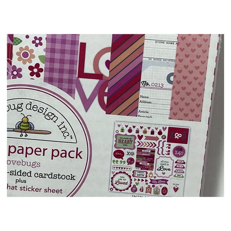 Doodlebug Lovebugs 12x12 Paper Pack, Retired Valentine Scrapbook Paper & Sticker Sheet, Cardmaking Craft Supply afbeelding 2