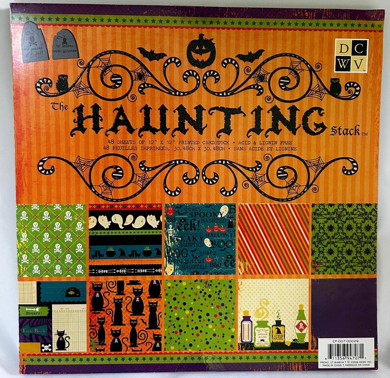 May include: A square paper pad titled The Haunting Stack featuring 48 sheets of 12 inch by 12 inch printed cardstock. The cover displays orange and black Halloween patterns including skulls, ghosts, cats, bats, and potion bottles.