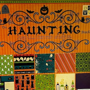 May include: A paper craft stack titled The Haunting Stack, containing 48 sheets of 12 inch by 12 inch printed cardstock. The cover features orange and black Halloween graphics including pumpkins, bats, and spiders, with various patterned paper samples displayed below.