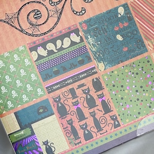May include: A paper pad featuring 48 sheets of 12 inch by 12 inch printed paper with Halloween themes. Patterns include white skulls on green, ghosts, black cats with pink bows, pumpkins, and text reading Spooky and Beware.