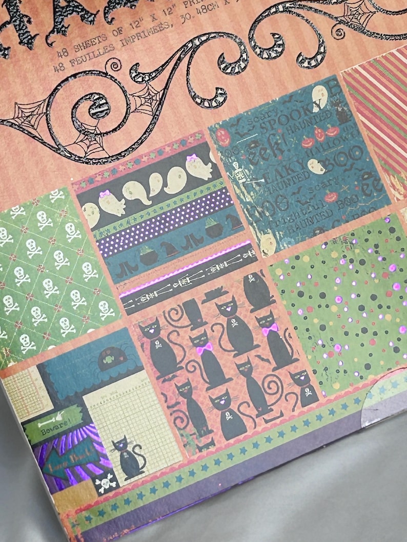 May include: A paper pad featuring 48 sheets of 12 inch by 12 inch printed paper with Halloween themes. Patterns include white skulls on green, ghosts, black cats with pink bows, pumpkins, and text reading Spooky and Beware.