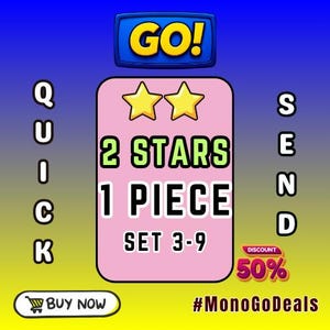 Op de afbeelding: Een digitale afbeelding met een blauw naar geel verloop als achtergrond, met de tekst GO! bovenaan, 2 STARS, 1 PIECE en SET 3-9 in het midden. De woorden QUICK en SEND staan aan de zijkanten, met een 50% DISCOUNT-badge en een BUY NOW-knop.