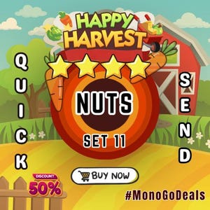 Op de afbeelding: Een digitale afbeelding met de tekst HAPPY HARVEST, NUTS, SET 11, QUICK SEND en BUY NOW. De afbeelding toont een rode schuur, wortels, vier gele sterren en een 50% kortingsbadge. De hashtag #MonoGoDeals is rechtsonder in beeld zichtbaar.