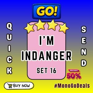 Puede incluir: Un gráfico digital que muestra una tarjeta rectangular rosa con cuatro estrellas amarillas sobre el texto I'M INDANGER SET 16. La palabra GO! aparece en un recuadro azul arriba. Las palabras QUICK y SEND están a los lados, con un botón BUY NOW.