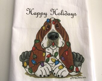 Basset Hound Flour Sack/Tea Towel - 27&quot; x 27&quot; - &quot;Edison&quot; Wrapped in Lights - &quot;Happy Holidays&quot;
