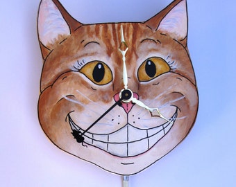 Made to Order Hand Painted Cat Clock - Cheshire Cat - Orange Marmalade Stripe with Mouse Pendulum