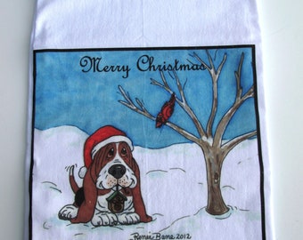 Basset Hound Flour Sack/Tea Towel - 27&quot; x 27&quot; - Basset with Birdhouse and Cardinal - &quot;Merry Christmas&quot;