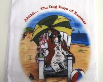 Basset Hound Flour Sack/Tea Towel - 27" x 27" - "Ahhh...The Dog Days of Summer"
