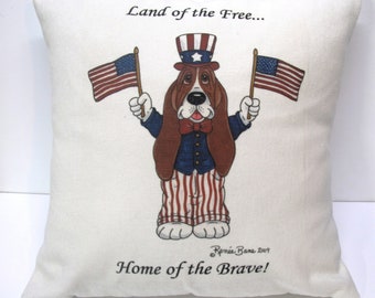 Basset Hound Accent Pillow - 14" x 14" - "Land of the Free, Home of the Brave"