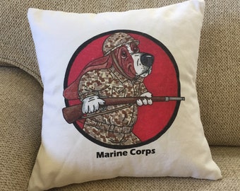 Basset Hound Accent Pillow - 14" x 14" - "Marine Corp"