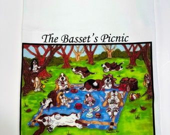 Basset Hound Flour Sack/Tea Towel - 27&quot; x 27&quot; - &quot;Basset&#39;s Picnic&quot;