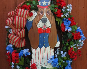Made-to-Order Hand Painted Basset Hound 18&quot; x 18&quot; Wreath - 4th of July Patriot