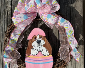 Hand Painted Basset Hound Wreath 14" x 14" - Pink Easter Egg Puppy