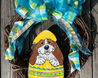 Hand Painted Basset Hound Wreath 14" x 14" - Yellow Easter Egg Puppy